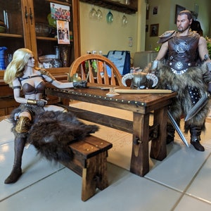 1/6 Scale Medieval Style Table and Bench, Handmade, REAL WOOD