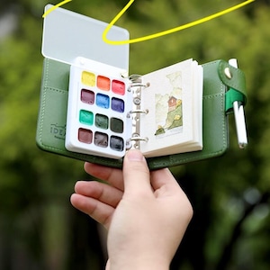 Green A9 Mini Ring-Binder Sketchbook Watercolor Kit, 12 Color Mini Palette Set, Travel Journal with Detachable Cover, Pocket Art Gift