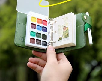 Green A9 Mini Ring-Binder Sketchbook Watercolor Kit, 12 Color Mini Palette Set, Travel Journal with Detachable Cover, Pocket Art Gift