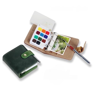 Kit de aquarela para caderno de desenho A9 Mini com argolas, conjunto de mini paletas de 12 cores, diário de viagem com capa removível, presente de arte de bolso