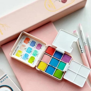 9 Color Mini Palette Set, White Travel Watercolor Kit, Pocket Solid Paint Set, Portable Art Gift for Him