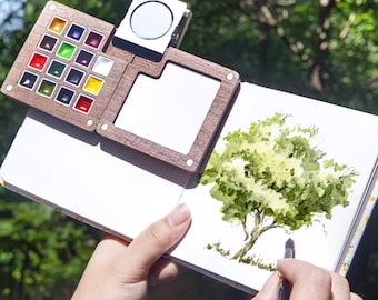15-Color Walnut Watercolor Palette Set, Portable Wooden Paint Box, Artist Travel Kit, Professional Painting Supplies, Gift for Painters