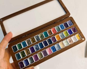 Custom Watercolor Paint Walnut Wood Box with Brass Plates & Bear Design - Portable Paint Storage Case