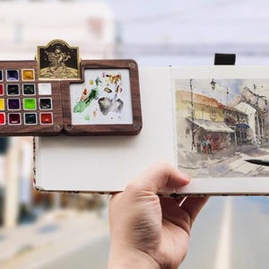 Große Walnuss Aquarell Box, 16-Grid Professionelle Künstlerpalette, Holzfarbkoffer, Studio & Outdoor Malzubehör, Geschenkidee