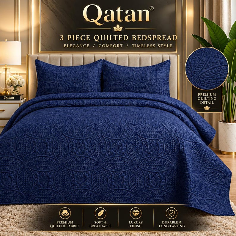 May include: A 3-piece navy blue quilted bedspread set featuring a repeating circular pattern. The set includes a large bedspread and two matching pillow shams, all displaying a textured, stitched design. The text Qatan 3 Piece Quilted Bedspread is visible at the top, with additional icons and text labels at the bottom.