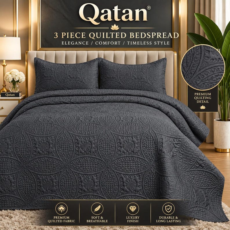 May include: A dark grey 3-piece quilted bedspread set featuring a repeating circular pattern with intricate stitching. The set includes a large bedspread and two matching pillow shams, all displaying a consistent textured design.