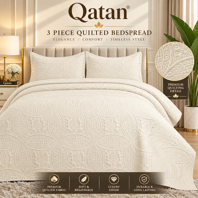 May include: A cream-coloured 3-piece quilted bedspread set by Qatan featuring a repeating circular pattern. The set includes a large bedspread and two matching pillow shams, all displaying intricate stitched textures and premium quilting detail.
