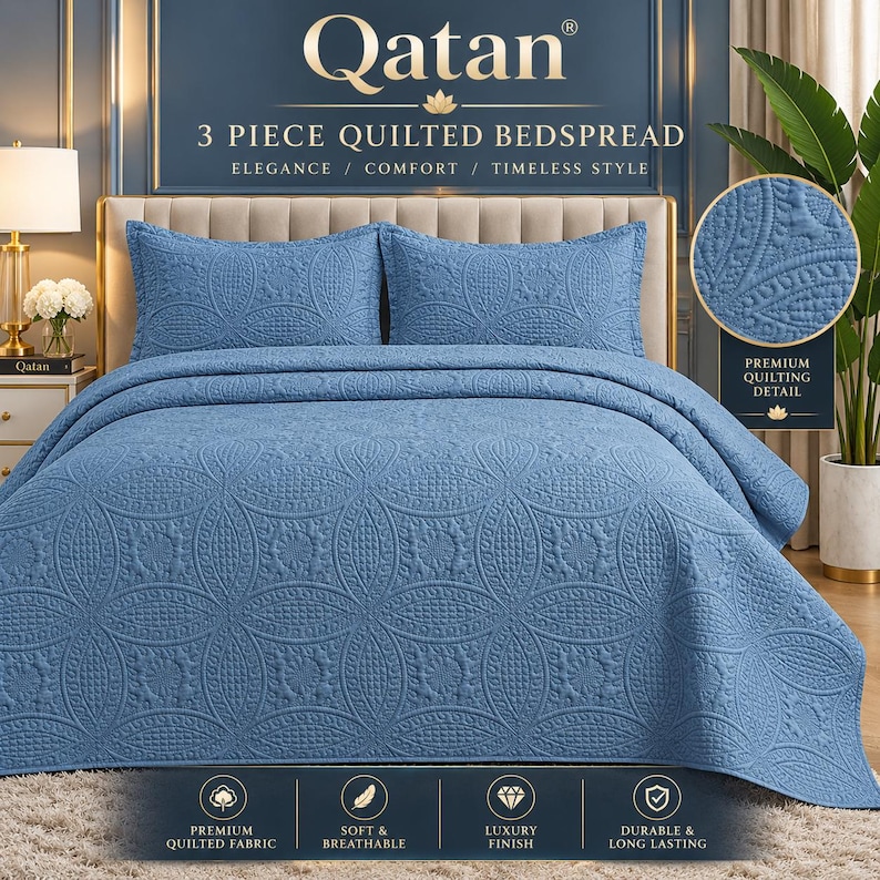 May include: A three-piece blue quilted bedspread set featuring a repeating circular pattern. The set includes a large bedspread and two matching pillow shams. The fabric has a textured, stitched design throughout, providing a uniform appearance.