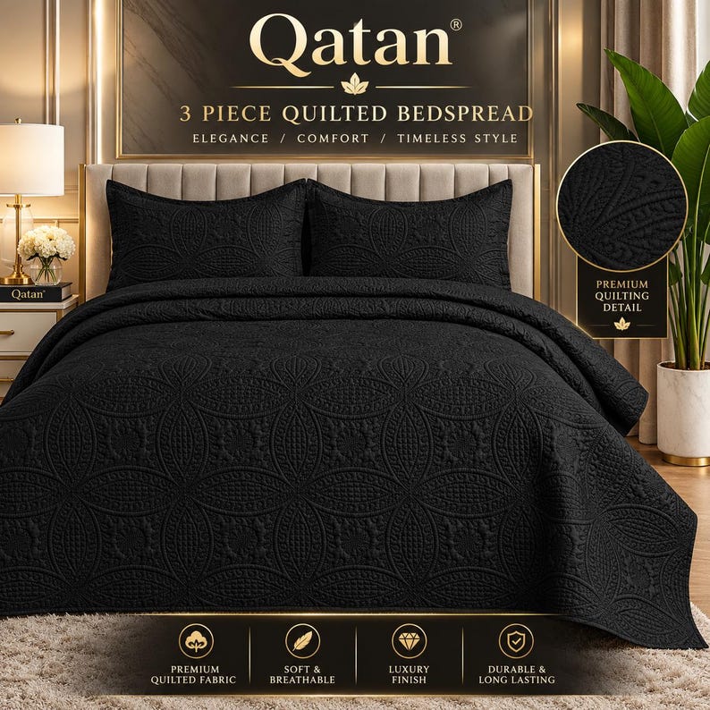 May include: A 3-piece black quilted bedspread set by Qatan featuring a repeating circular pattern. The set includes a large bedspread and two matching pillow shams, all displaying a textured, stitched design on a dark fabric surface.