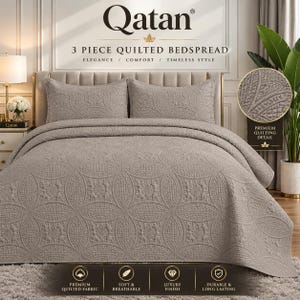 May include: A 3-piece taupe quilted bedspread set featuring two matching pillow shams and a large coverlet. The fabric displays a repeating circular geometric pattern with intricate embossed textures throughout the entire bedding ensemble.