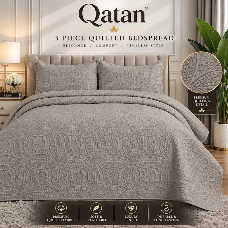 May include: A 3-piece taupe quilted bedspread set featuring two matching pillow shams and a large coverlet. The fabric displays a repeating circular geometric pattern with intricate embossed textures throughout the entire bedding ensemble.
