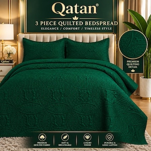 May include: A three-piece dark green quilted bedspread set featuring a repeating circular pattern. The set includes a large bedspread and two matching pillow shams. The text Qatan 3 Piece Quilted Bedspread is visible at the top of the image.