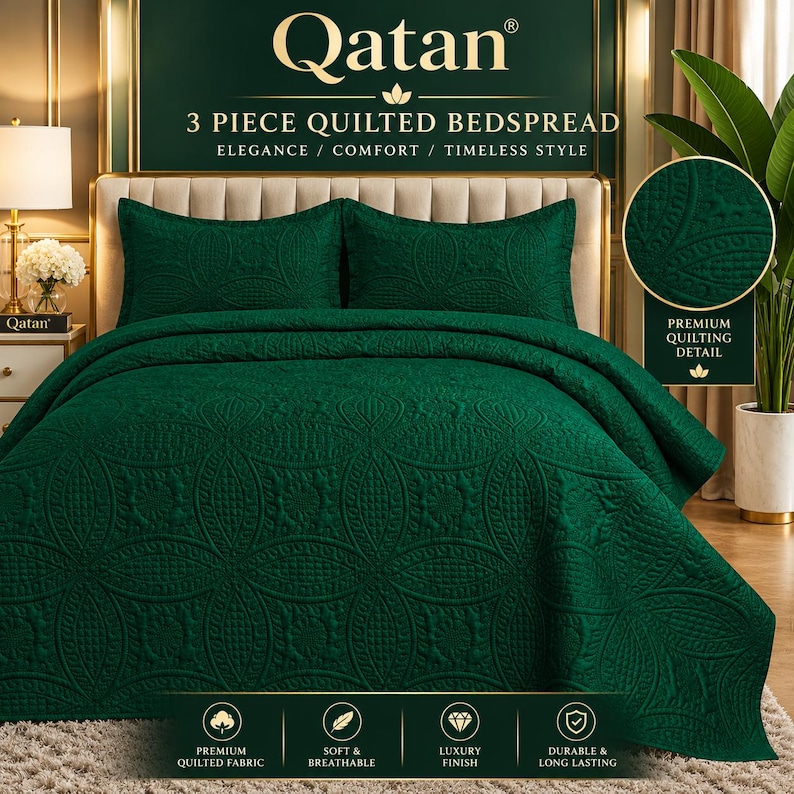 May include: A three-piece dark green quilted bedspread set featuring a repeating circular pattern. The set includes a large bedspread and two matching pillow shams. The text Qatan 3 Piece Quilted Bedspread is visible at the top of the image.