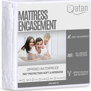 May include: A white mattress encasement packaging featuring the Qatan logo, text reading MATTRESS ENCASEMENT, 100% WATERPROOF, 360 DEGREE ALL-AROUND PROTECTION, and ZIPPERED WATERPROOF 360 DEGREE PROTECTION SOFT & NOISELESS with size checkboxes.