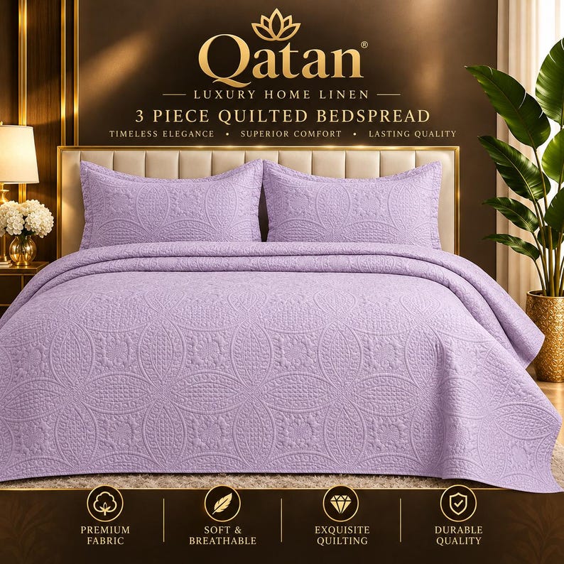 May include: A three-piece lavender quilted bedspread set featuring a repeating circular pattern. The set includes a large bedspread and two matching pillow shams. Text on the image reads Qatan Luxury Home Linen 3 Piece Quilted Bedspread.