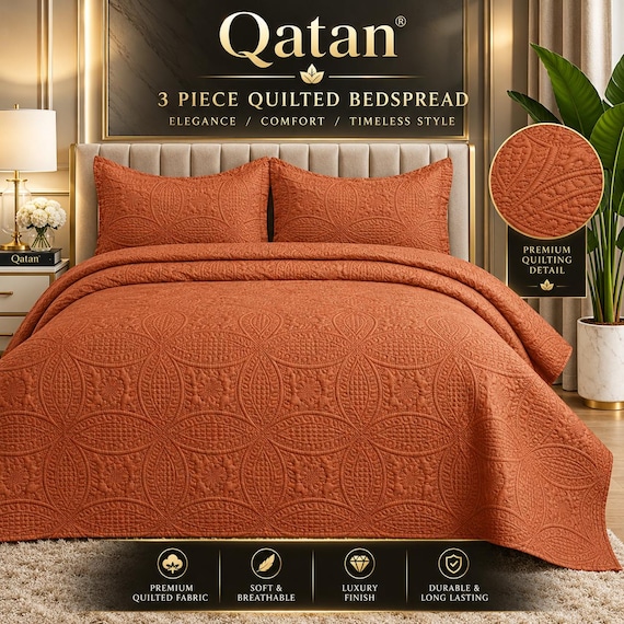 Quilted Bedspread Queen King, Reversible Embossed Coverlet, 3 Piece Bedding Set, Pillow Shams, Lightweight Quilt