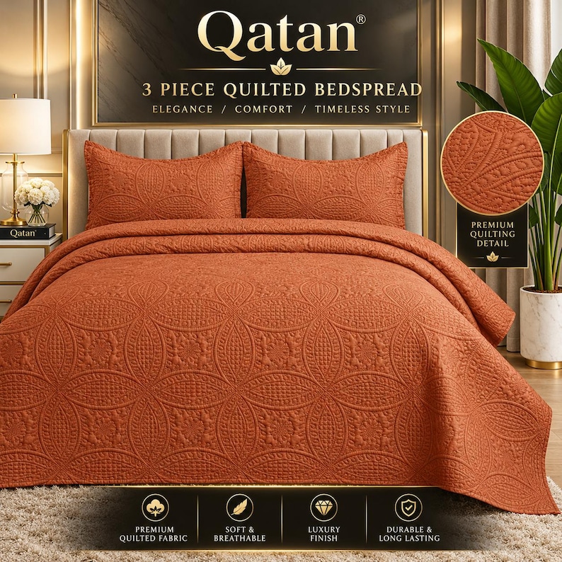 May include: A 3-piece quilted bedspread set in a solid burnt orange colour featuring a repeating circular and floral embossed pattern. The set includes a large bedspread and two matching pillow shams, all displaying a consistent textured design.