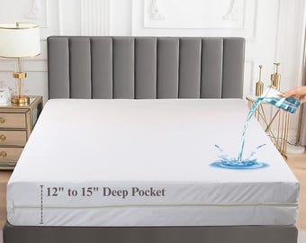 May include: A white mattress protector covering a bed, featuring a water-resistant surface with water being poured onto it. The side of the protector displays the text 30 to 38 cm Deep Pocket with a vertical dashed line indicating the depth.