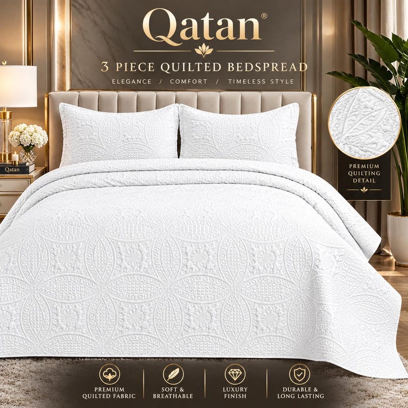 May include: A white three-piece quilted bedspread set featuring a repeating circular pattern. The set includes a large bedspread and two matching pillow shams, all displaying a textured, stitched design with a consistent white finish.