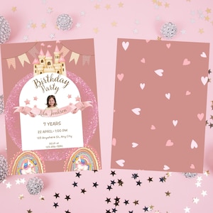 Princess and unicorn birthday invitation ,digital unicorn invitation,unicorn birthday card digital, princess invitation, rainbow and unicorn