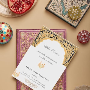 Carton invitation fête henné femme bougies roses- religion/musulman/mariage/fiançailles