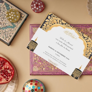 Carton d'invitation Fête henné musulmane personnalisable- Ornements/or/bougies/mariage/fiançailles/couple