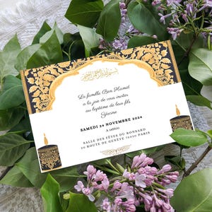 Carton invitation baptême musulman garçon personnalisable- Ornements/or/bougies/religion/Circoncision