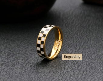 Custom Black & White Checkerboard Rings, Stainless Steel Band Ring, Simple Couple Band Wedding Band Couple Ring Promise Ring Engagement Ring