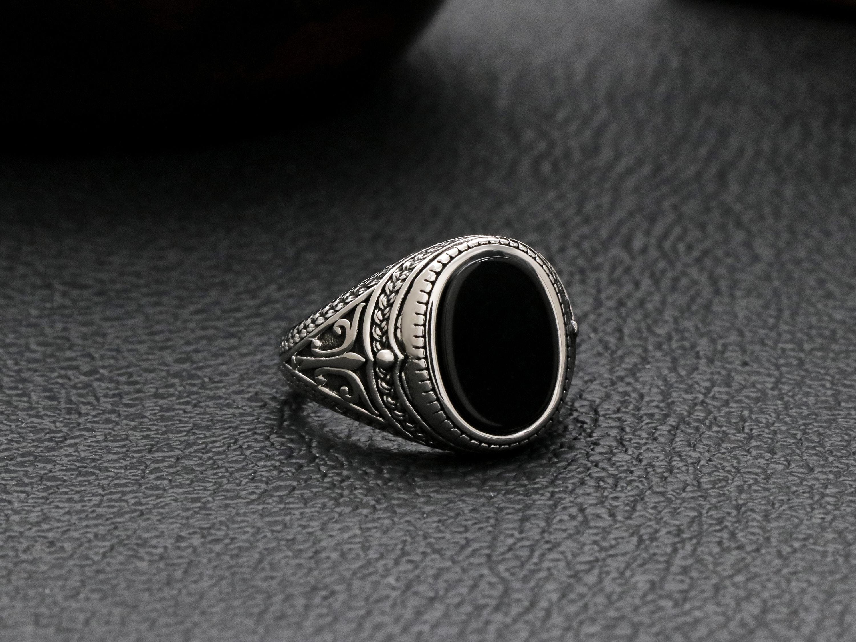 Vintage Black Onyx Flat Top Signet Ring for Men, Cool Male