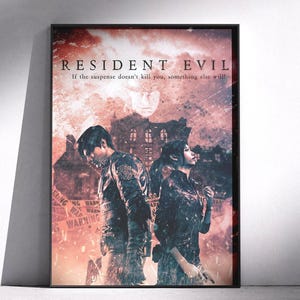 Resident Evil Cinematic Poster | Horror Game Fan Art | Leon & Claire Wall Print | Dark Movie-Style Gaming Decor image 1