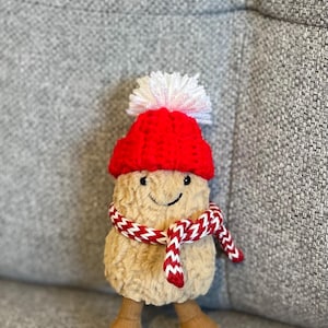 Crocheted red hat & scarf -Handmade costume for jellycat Amuseables Peanut