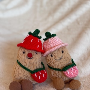 Crocheted strawberry hat & bag -Handmade costume for jellycat Amuseables Peanut