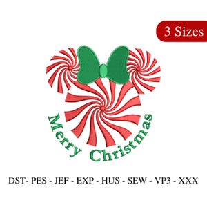 Minnie Weihnachten Stickdatei, Zuckerstangen-Maus-Stickerei, Cartoon-Maus-Stickerei, Frohe Weihnachten-Stickerei