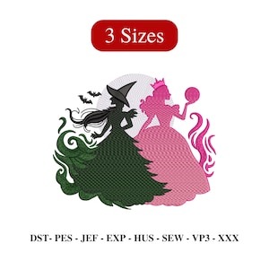May include: An embroidered design featuring a witch in a black hat and a princess in a pink gown. The design includes bats and the text "3 Sizes".