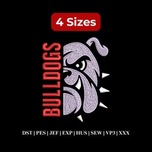 May include: An embroidery design featuring a stylized bulldog head in light purple thread next to the red text BULLDOGS. A red rectangular label at the top reads 4 Sizes. The bottom text lists file formats: DST, PES, JEF, EXP, HUS, SEW, VP3, XXX.