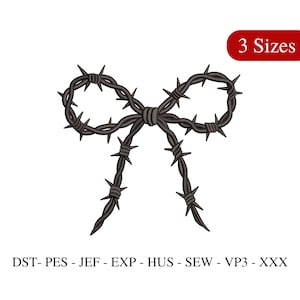 Könnte beinhalten: Ein dunkelgraues Stacheldraht-Schleifendesign. Die Schleife besteht aus verdrilltem Draht mit scharfen Widerhaken. Das Bild enthält den Text "3 Sizes" in einem roten Rechteck und Stickdateiformate.