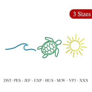Może przedstawiać: Haftowany wzór przedstawiający niebieską falę, zielonego żółwia i żółte słońce. Tekst "3 Sizes" znajduje się w czerwonym prostokącie. Poniżej projektu znajdują się formaty plików: DST, PES, JEF, EXP, HUS, SEW, VP3 i XXX.