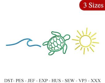 May include: An embroidered design featuring a blue wave, a green turtle, and a yellow sun. The text "3 Sizes" is in a red rectangle. Below the design are the file formats: DST, PES, JEF, EXP, HUS, SEW, VP3, and XXX.