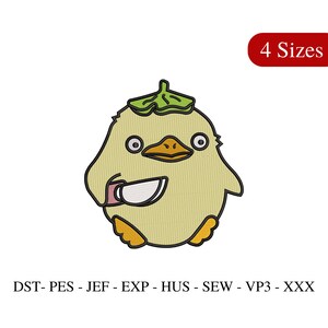 May include: A yellow chick with a green leaf on its head holds a knife in its right wing. The chick is looking directly at the viewer.