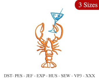 Martini Lobster Embroidery Design, Fisherman Aesthetic Italian Cocktail Lobster Martini Machine Embroidery File - 3 Sizes - Instant Download