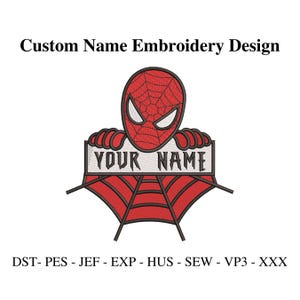 Könnte beinhalten: Ein rot-schwarzes Spider-Man-Design mit dem Text "YOUR NAME" auf einem Banner. Das Design ist für eine individuelle Namensstickerei bestimmt. Das Bild enthält auch den Text "Custom Name Embroidery Design".