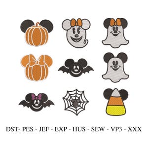May include: A selection of Halloween-themed embroidery designs featuring cartoon characters. Designs include a pumpkin, ghost, bat, and candy corn, all with mouse ears. The designs are in orange, black, white, and yellow.