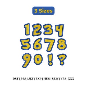 May include: An embroidery design set featuring the numbers 1 through 9, 0, an exclamation point, and a question mark. Each character is yellow with a thick blue outline. The text 3 Sizes appears at the top, and file formats are listed at the bottom.