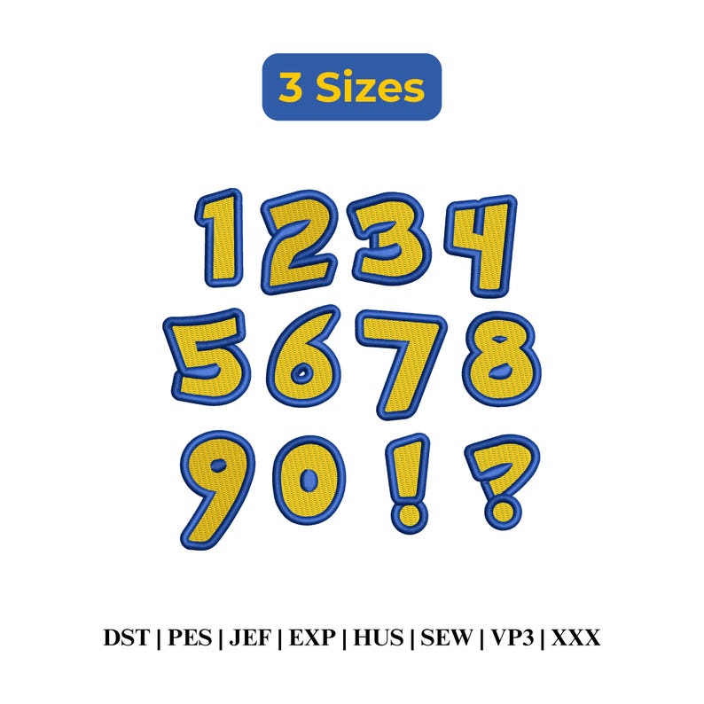 May include: An embroidery design set featuring the numbers 1 through 9, 0, an exclamation point, and a question mark. Each character is yellow with a thick blue outline. The text 3 Sizes appears at the top, and file formats are listed at the bottom.