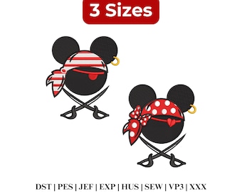Mickey Pirate Embroidery, Minnie Embroidery, Vacation Cruise Design, Magical Kingdom Merch - 3 Sizes - Digital Download