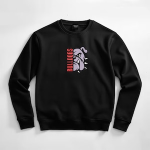 May include: Black crewneck sweatshirt featuring a bulldog graphic in purple and white with the word "BULLDOGS" in red vertical text. The sweatshirt has a classic, casual design.