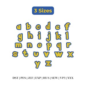 May include: A digital embroidery alphabet set featuring lowercase letters from a to z in a yellow font with a blue outline. The text 3 Sizes is displayed at the top, and the file formats DST, PES, JEF, EXP, HUS, SEW, VP3, and XXX are listed below.