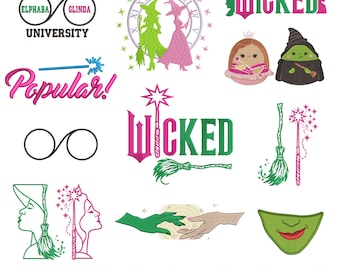 13 Wicked Embroidery Design Bundle, Shiz, Musical Embroidery, Wand Embroidery, Broomstick Embroidery, Glinda, Elphaba Embroidery Bundle
