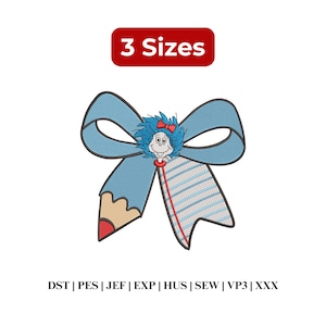 May include: A light blue bow with a cartoon character face and a red bow. The bow has a pencil design on one side and striped design on the other. The text "3 Sizes" is in a red rectangle above the bow. Below the bow are the letters: DST | PES | JEF | EXP | HUS | SEW | VP3 | XXX.