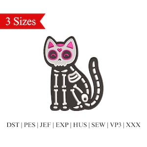 Skeleton Cat Embroidery File, Dia De Los Muertos Embroidery Design, Day of the Dead Cat Embroidery - 3 Sizes - Instant Download